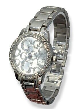Guess Silver Watch Crystal Women Rhinestone Bezel Sparkling Logo Stainless Steel